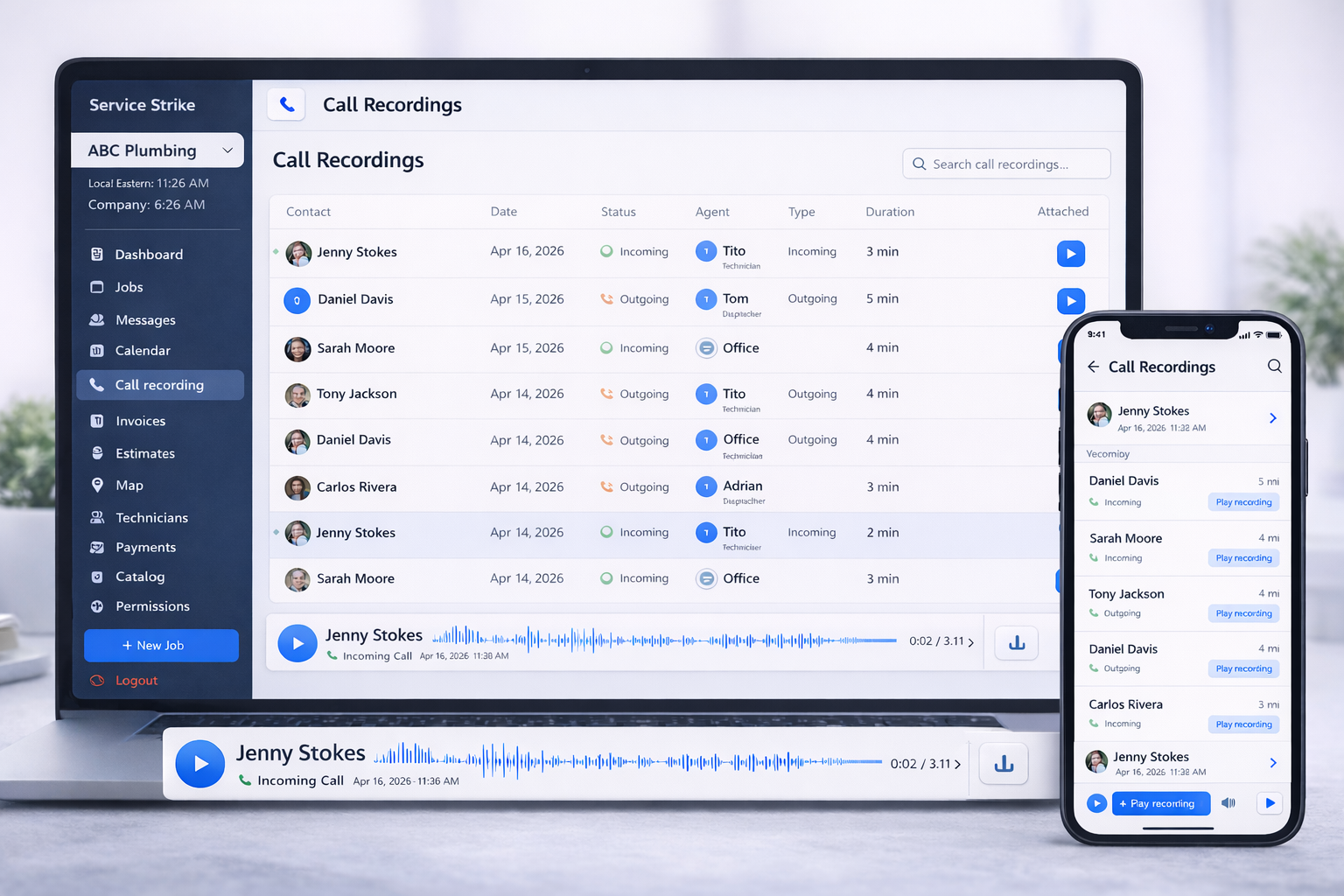Service Strike call recordings desktop and mobile view