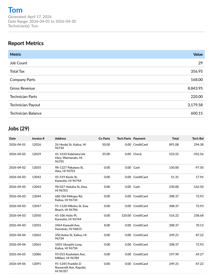 Service Strike exported PDF report view
