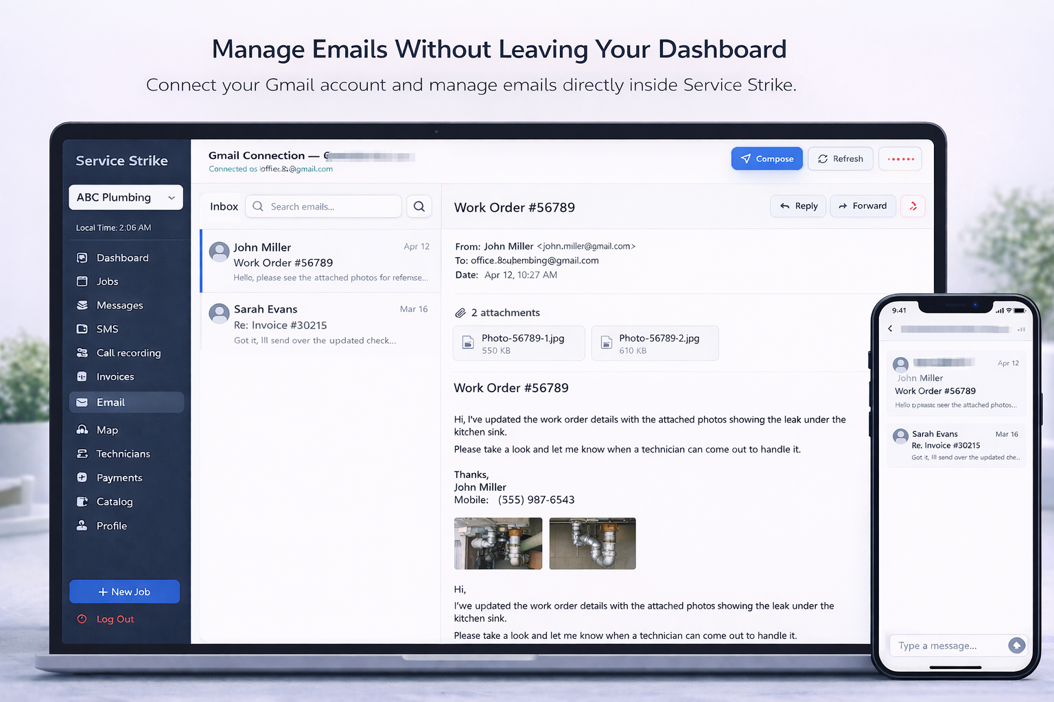 Service Strike email integration desktop and mobile view