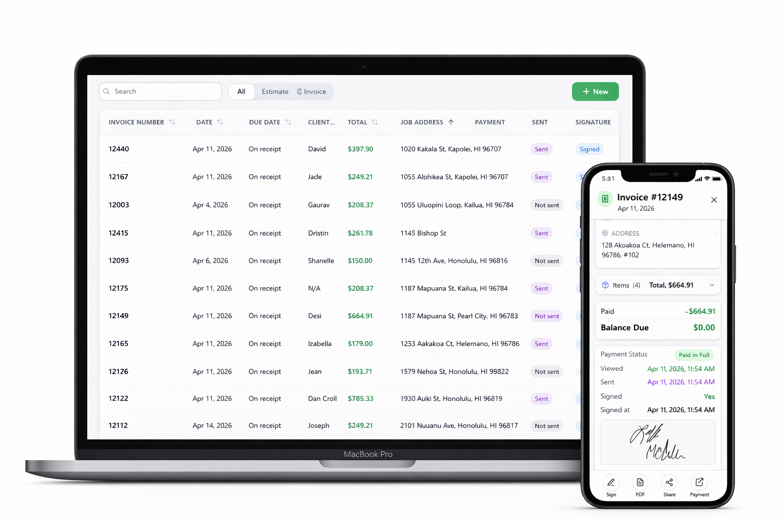 Service Strike estimates and invoices desktop and mobile view