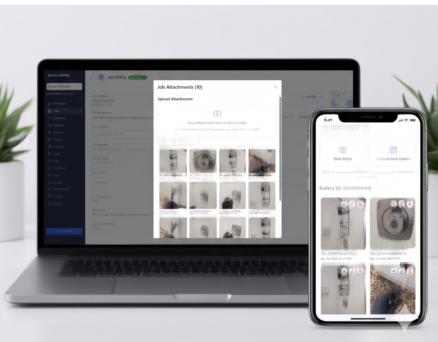Service Strike job photo attachments on desktop and mobile