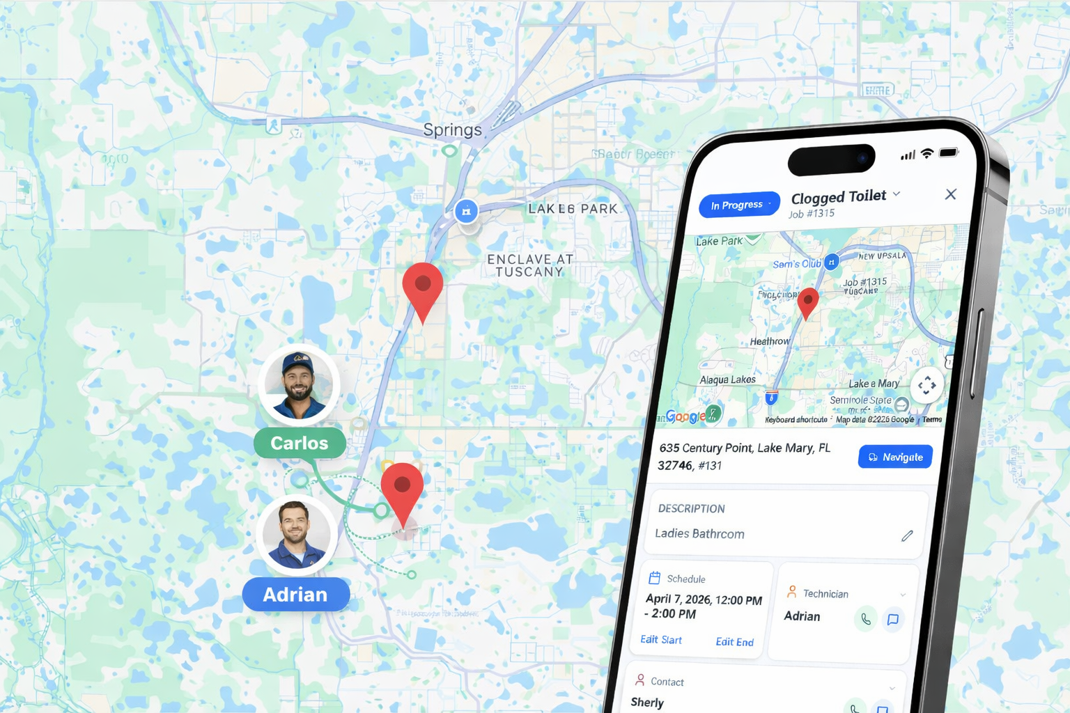 Service Strike smart dispatching map and mobile view