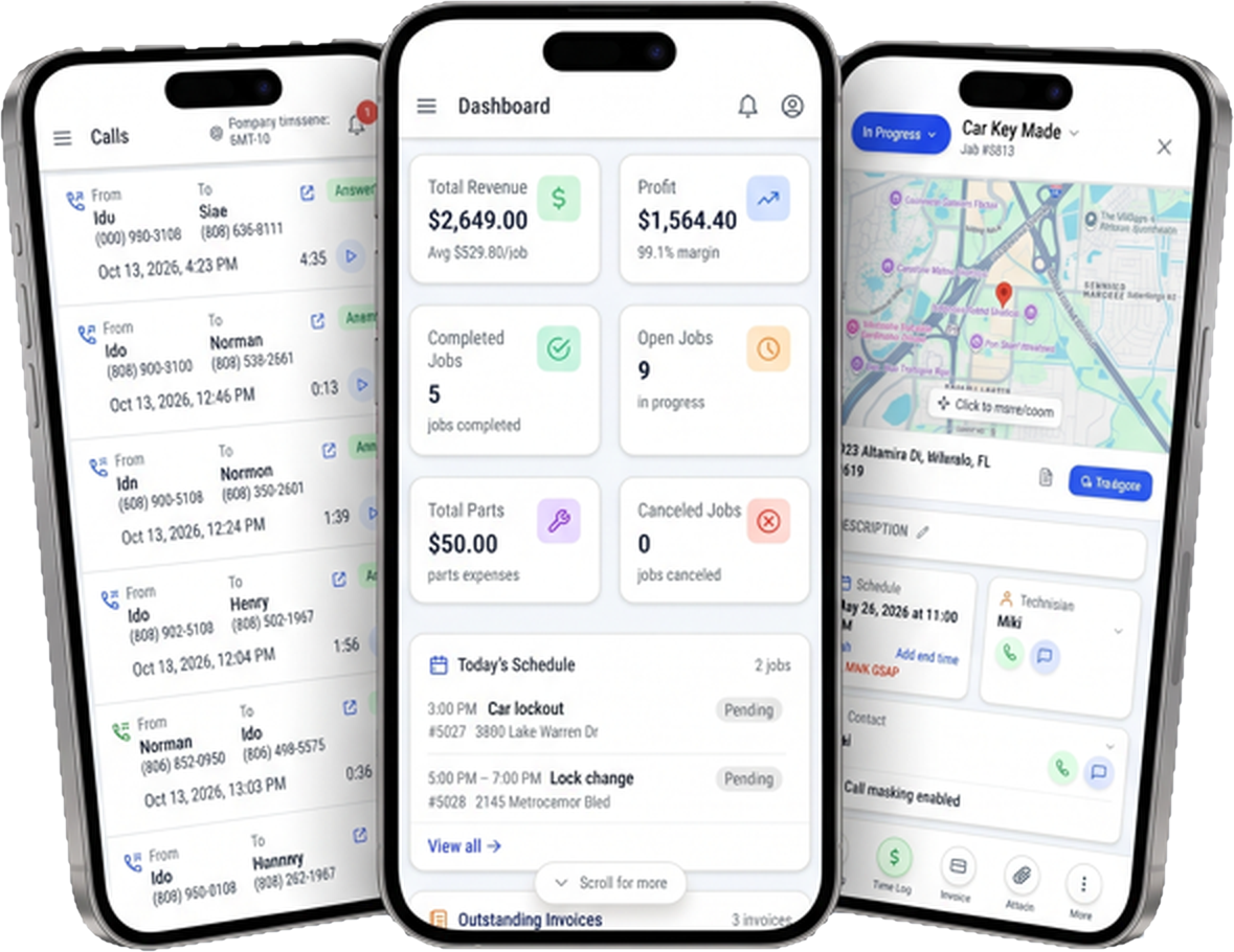 Service Strike mobile app showing the calls log, dashboard and a job screen
