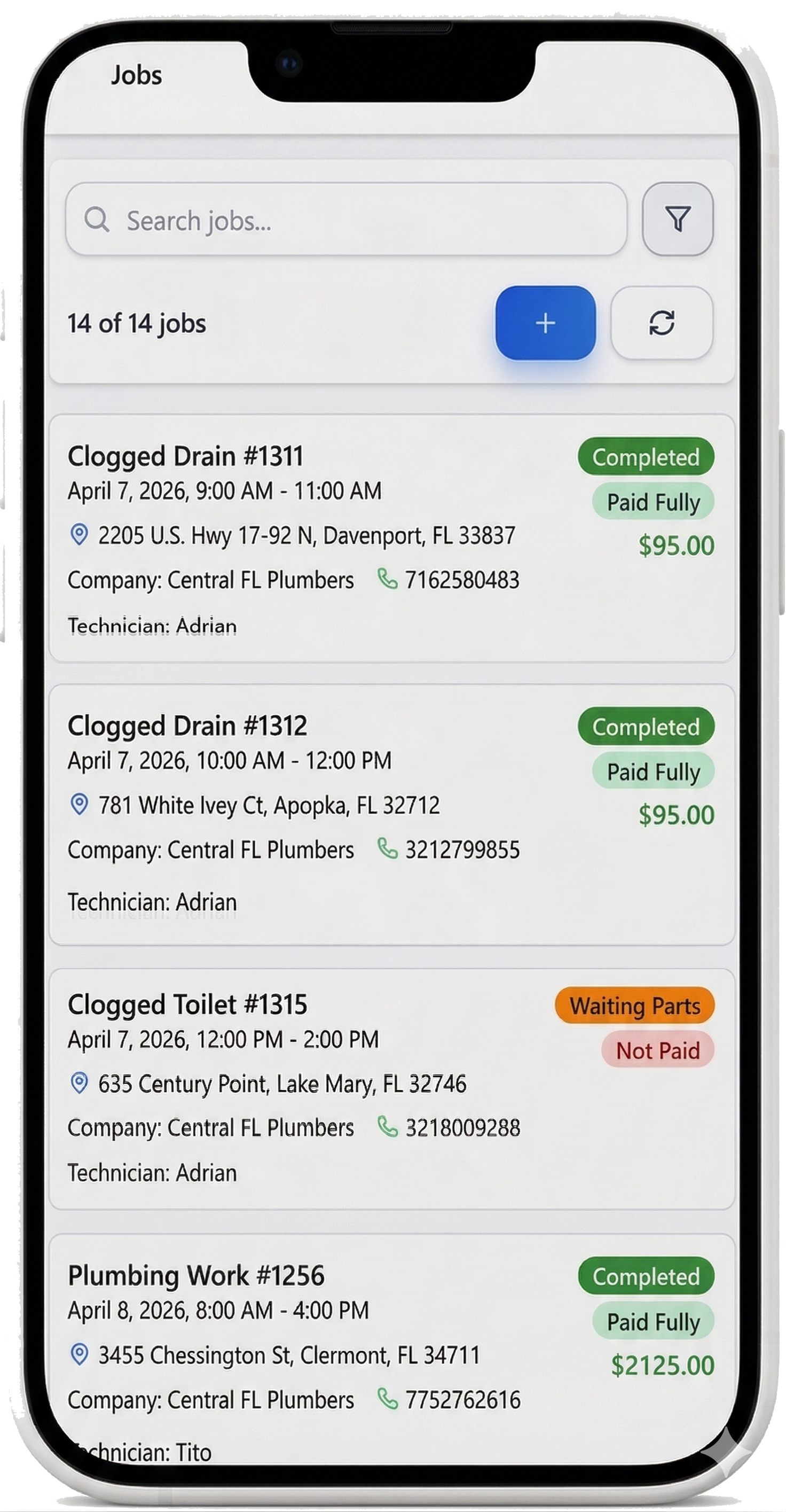Service Strike mobile app jobs list