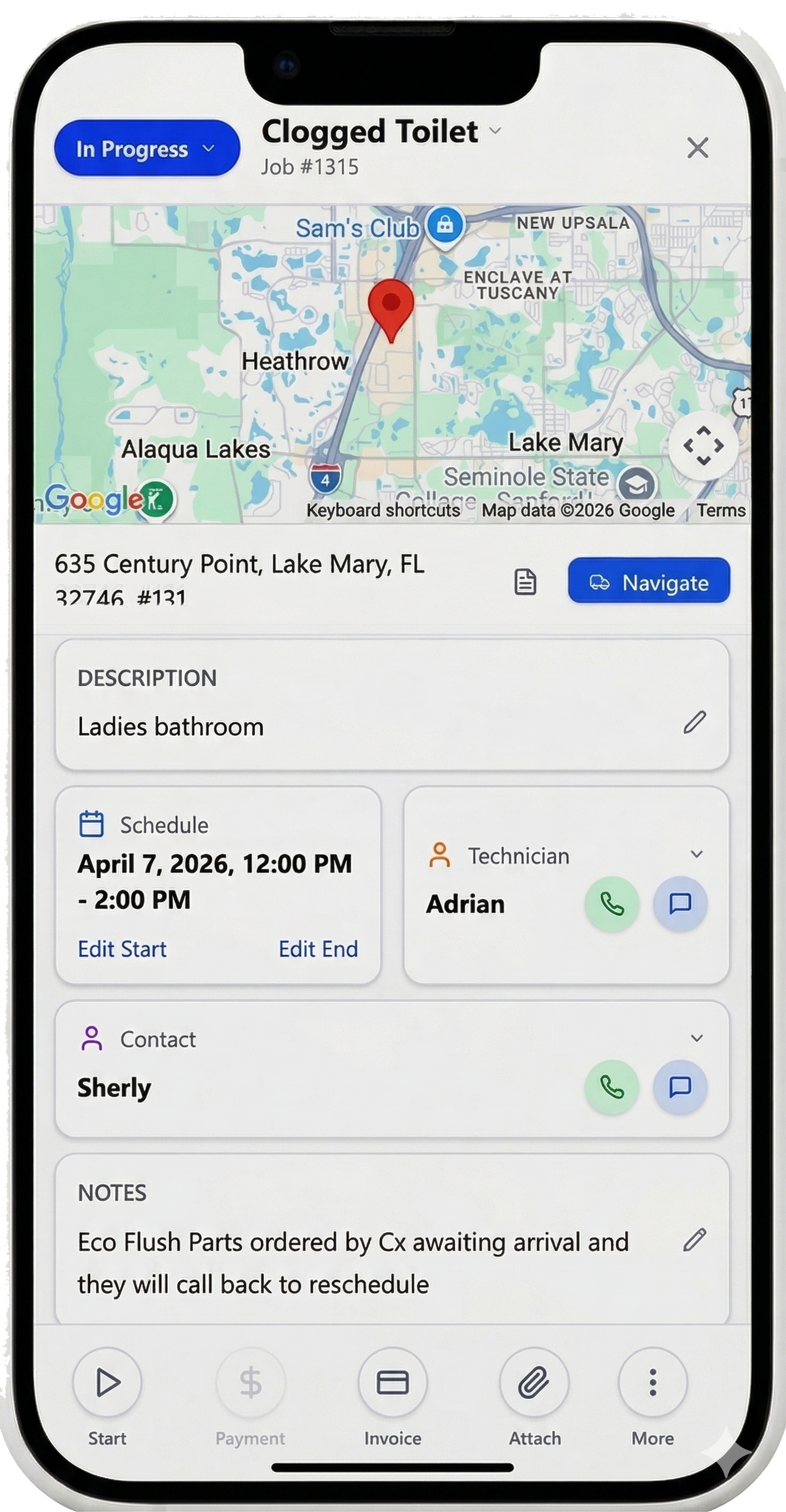 Service Strike technician mobile app job detail view