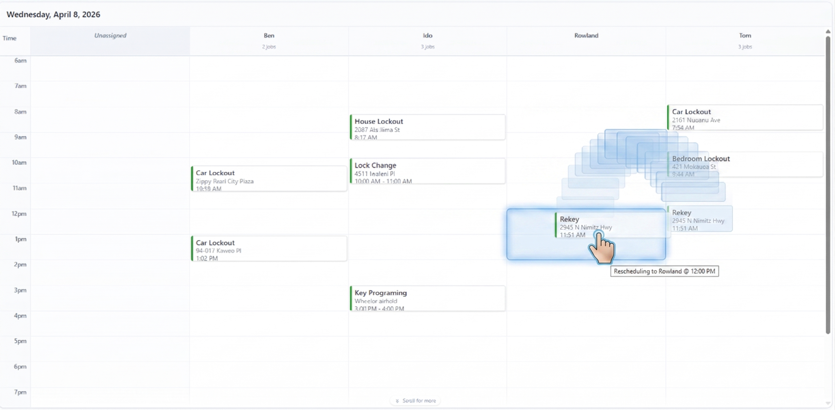 Service Strike drag and drop scheduling