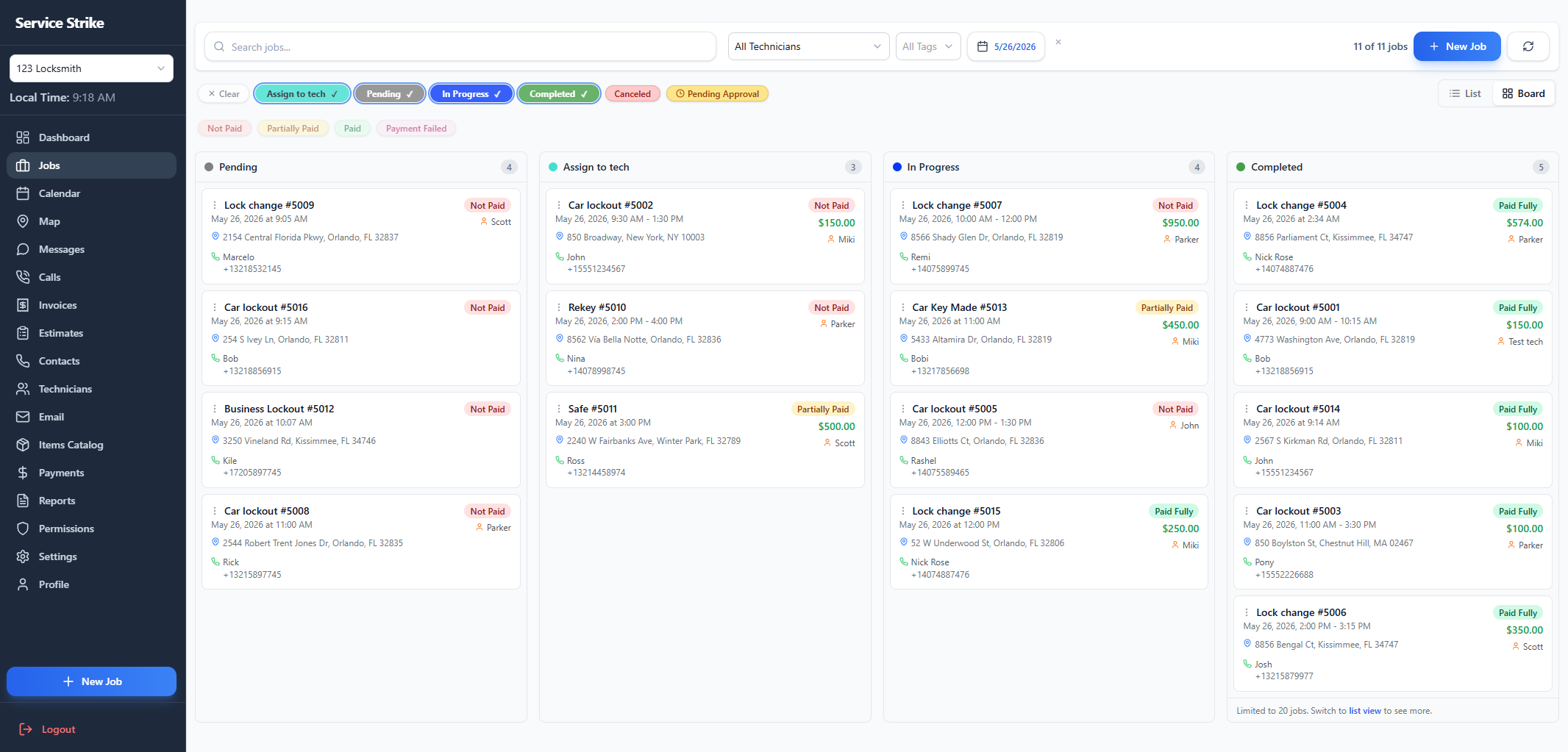 Service Strike job board showing jobs across teams and statuses