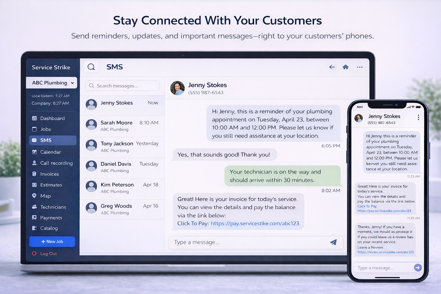 Service Strike SMS messaging desktop and mobile view