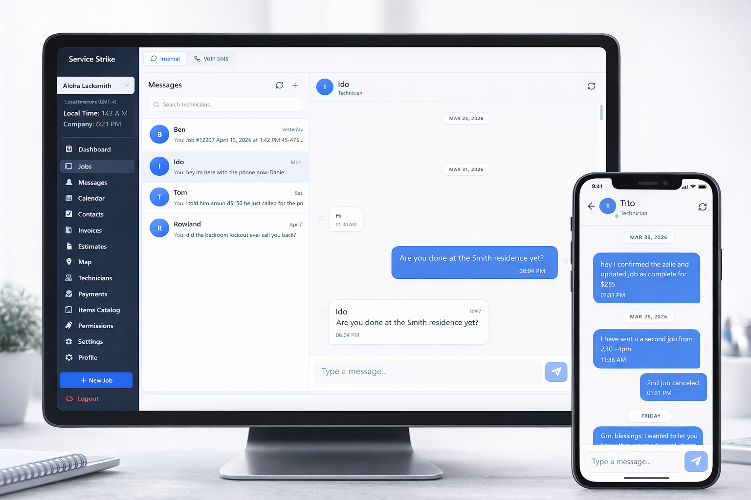 Service Strike team communication desktop and mobile view