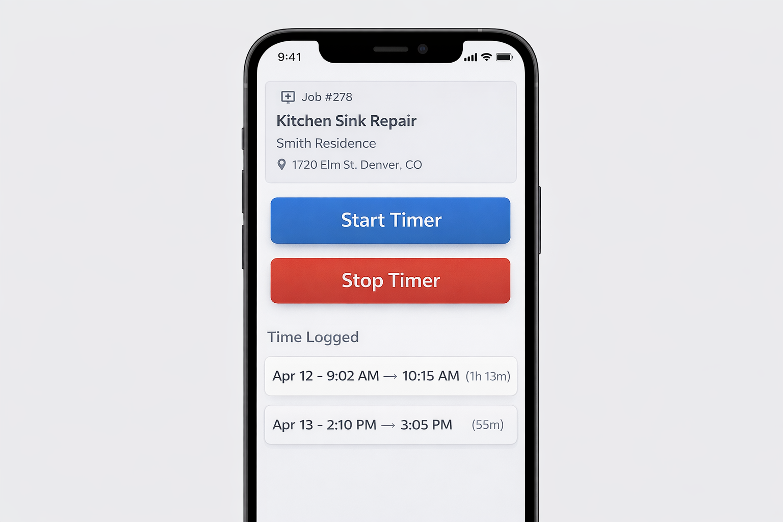 Service Strike mobile time tracking screen