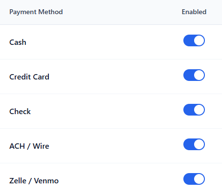 Payment type setup